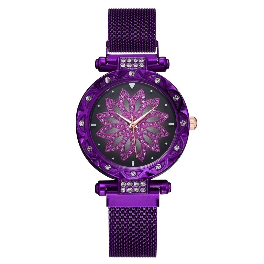 Purple Majesty: Crystal Flower Watch with Rose Gold Accents